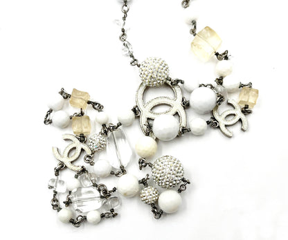 CHANEL Silver CC White Iceberg Crystal Ball Pearl Necklace