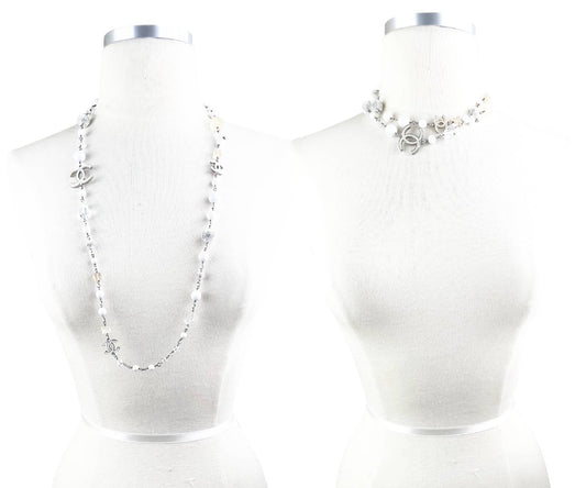 CHANEL Silver CC White Iceberg Crystal Ball Pearl Necklace