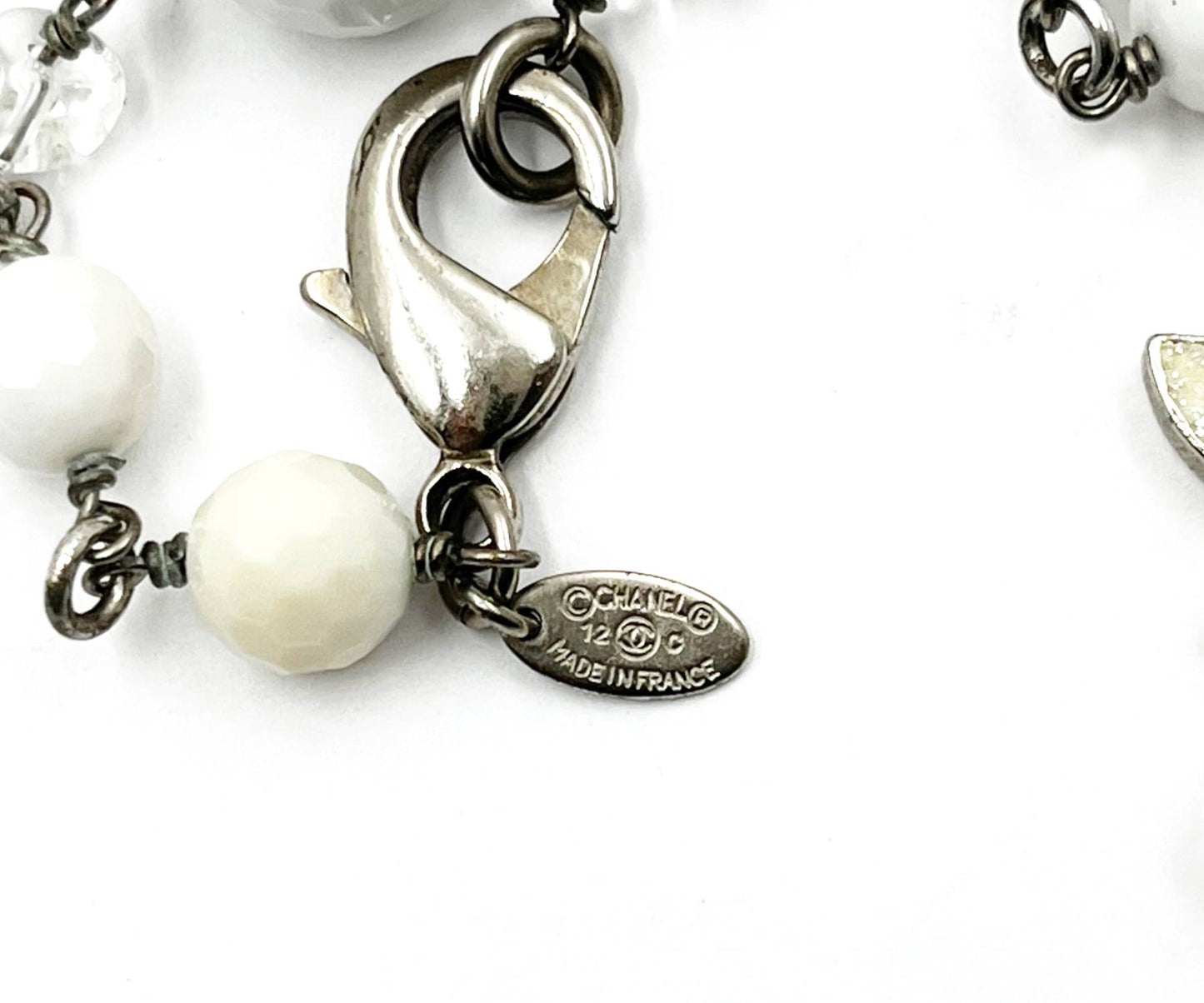 CHANEL Silver CC White Iceberg Crystal Ball Pearl Necklace